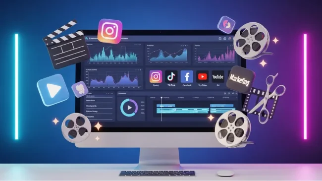 Premium 3D illustration of AI video editing tools for digital marketing agencies, showing a computer screen with analytics dashboards, video timelines, and social media icons like Instagram, TikTok, Facebook, and YouTube. Floating around the screen are film reels, a clapperboard, scissors, play buttons, and a marketing icon, set against a futuristic neon background.