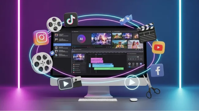 High-end 3D illustration of AI video editor for content creators and influencers, featuring a sleek computer setup with editing software on screen, social media icons like Instagram, TikTok, YouTube, and Facebook floating around, along with film reels, clapperboard, and editing tools. Futuristic neon lighting emphasizes creativity and professional video production.