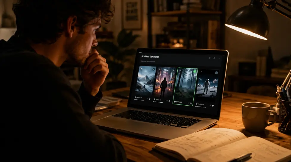 A creator reviews multiple AI-generated video thumbnails on a laptop, choosing the best version in a warm creative workspace.