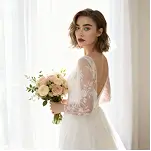 Elegant bride holding a bouquet in a soft white wedding photoshoot
