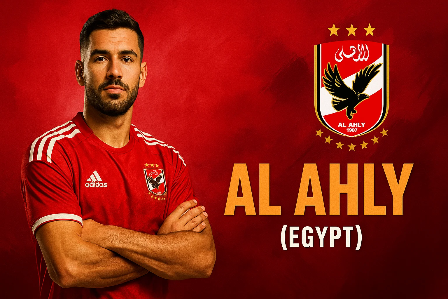 AI-generated Al Ahly fan art featuring a player in red with golden Cairo-themed lighting. Al Ahly FC AI supporter graphic.