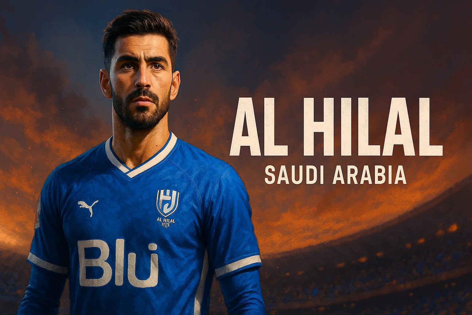 Al Hilal football player in AI-generated illustration, wearing blue kit with Arabian night stadium scene. Al Hilal AI fan art.