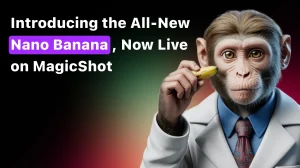 Promotional banner for MagicShot featuring a realistic 3D monkey in a lab coat holding a tiny banana, with bold text on the left that reads 'No More Clicks Just Talk to Edit with Nano Banana on MagicShot' over a dark gradient background