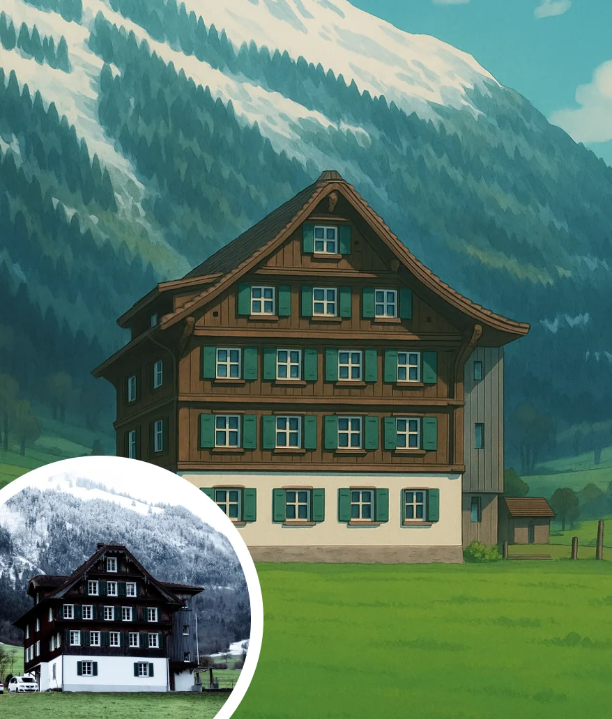 Studio Ghibli-inspired illustration of a traditional alpine chalet nestled in a green valley, backed by snow-capped pine-covered mountains under a serene blue sky.