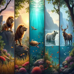 AI-generated animal illustrations in natural habitats including lions, bears, and deer.