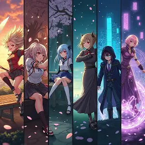 AI-generated anime characters in group poses with magical and fantasy backgrounds