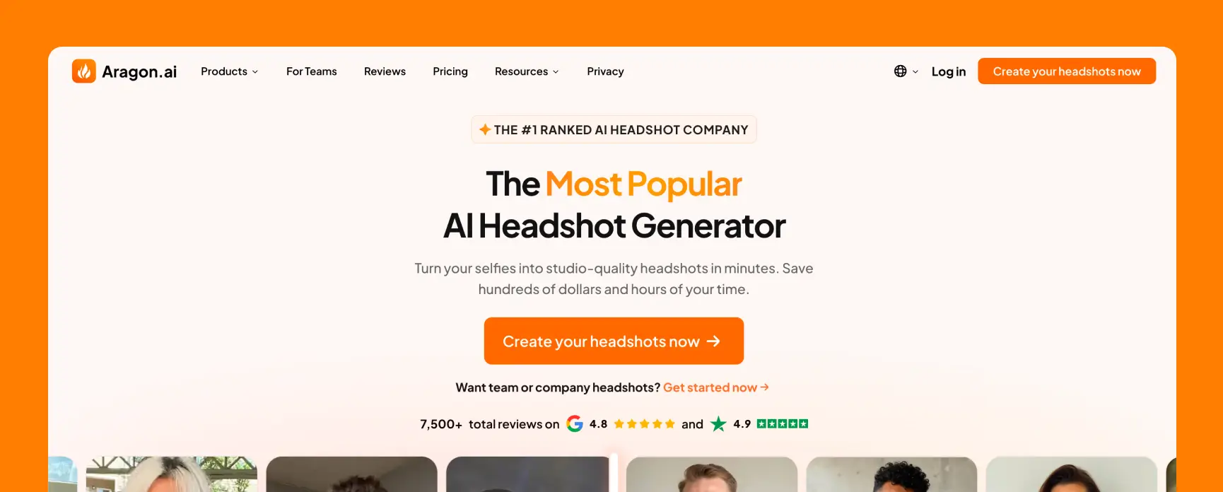 Aragon AI professional headshot generator homepage showing AI-generated business headshots, pricing menu, user reviews, and call-to-action to create headshots online.