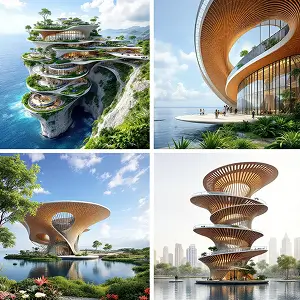 AI-generated futuristic and spiral architecture with advanced eco-friendly designs