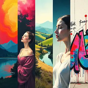 AI-generated female portraits with modern and surreal art styles including graffiti and brushwork