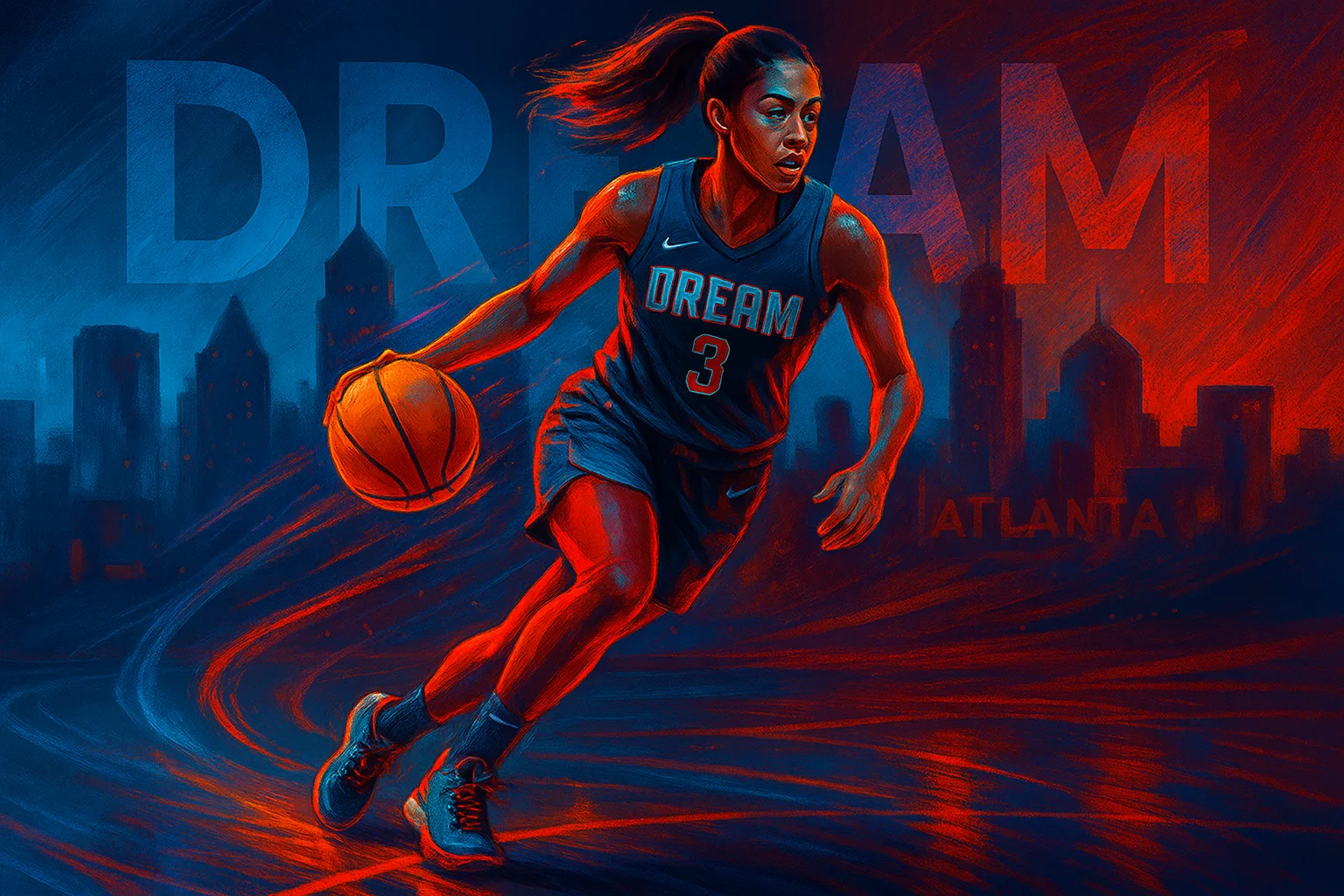 A digital painting of an Atlanta Dream player dribbling a basketball on a vibrant court with the Atlanta skyline and bold “DREAM” lettering in the background.