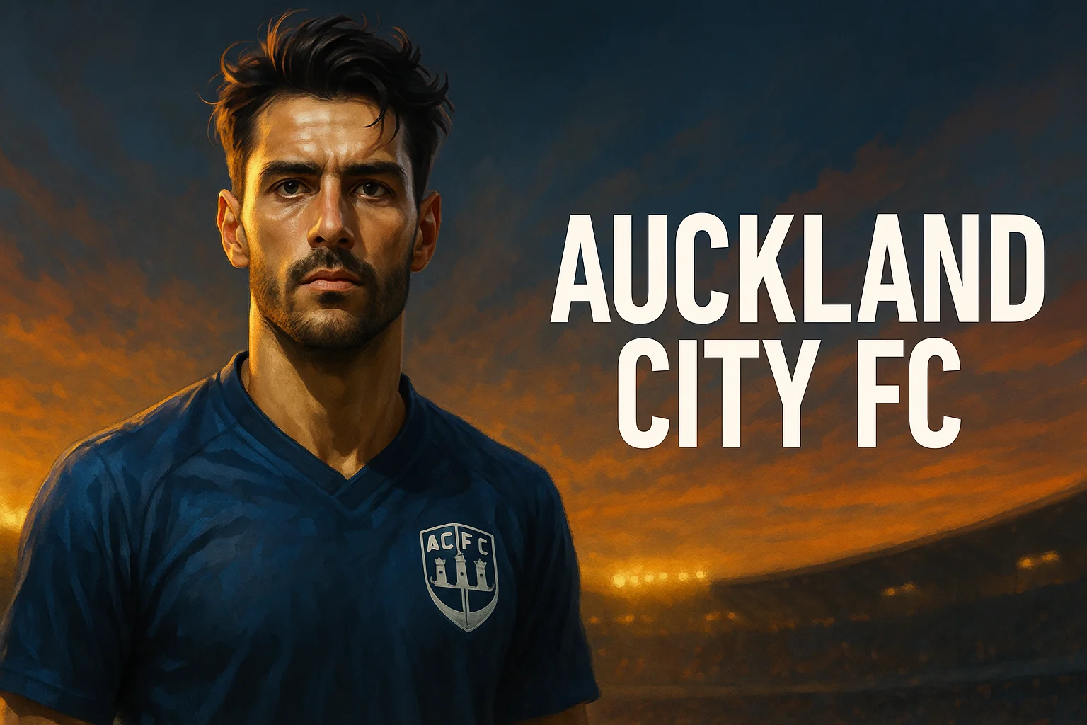 Auckland City FC player in AI illustration, wearing dark blue kit with sunset-lit stadium backdrop. Auckland City AI football art.