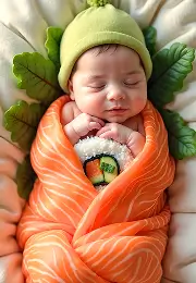 AI-generated hyper-realistic newborn baby wrapped in orange blanket with green cap, lying on a soft leafy bed
