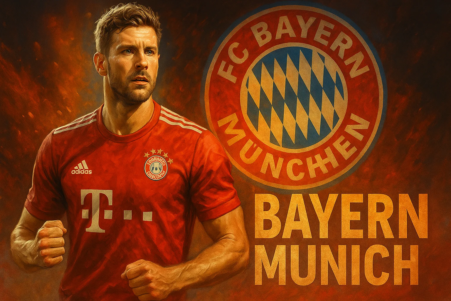 Bayern Munich player captured in digital AI artwork, wearing a red home jersey with Allianz Arena glow. Bayern Munich AI fan design.