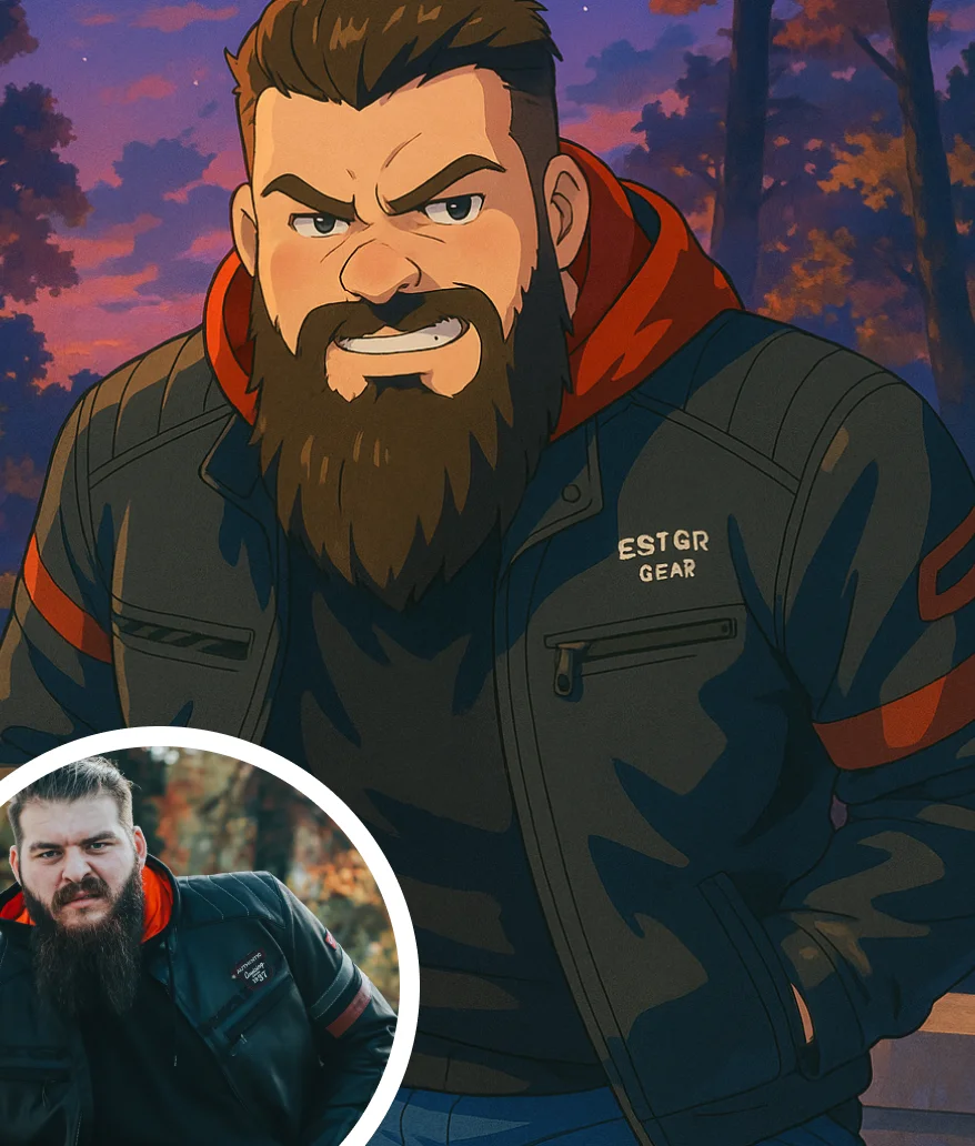 nime-style portrait of a rugged man with a full beard wearing a leather jacket, seated confidently near a lakeside at sunset, with a colorful sky and autumnal trees in the background.