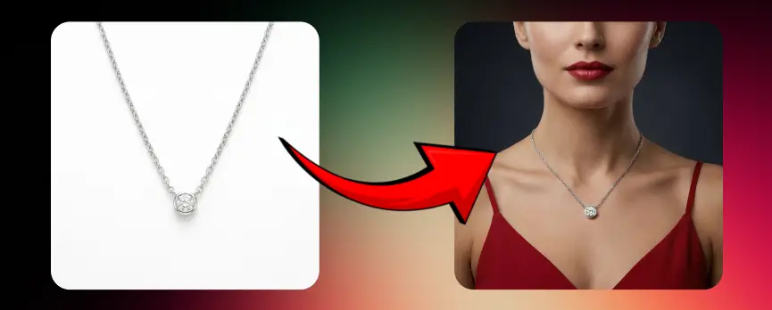 AI product photography example showing a silver pendant necklace transformed from a simple product image into a luxury model photoshoot
