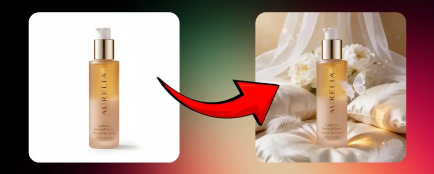 AI product photography before and after showing a skincare serum transformed from a plain packshot into a luxury product photoshoot