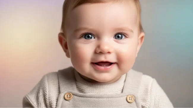 Adorable baby with bright blue eyes, soft glowing skin, and a joyful smile, wearing a cream-colored knitted outfit with wooden buttons, photographed against a softly blurred pastel background.