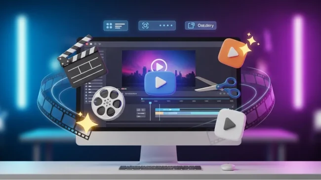 Premium 3D illustration of a computer screen showing a video editing interface with floating video icons including a clapperboard, film reel, play buttons, scissors, and sparkles, symbolizing AI video editing tools for beginners.