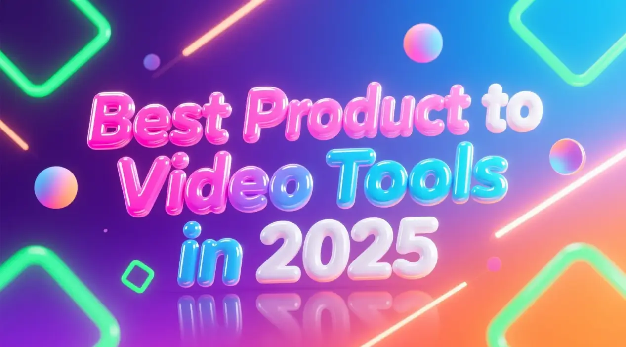 Colorful 3D bubble text graphic with neon gradient background displaying the title “Best Product to Video Tools in 2025”.