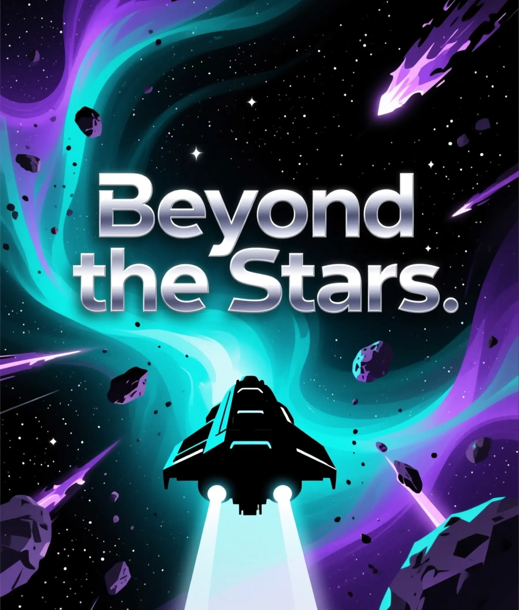 Sci fi book cover Beyond the Stars by Kai Monroe featuring spaceship flying through glowing galaxies and asteroids.