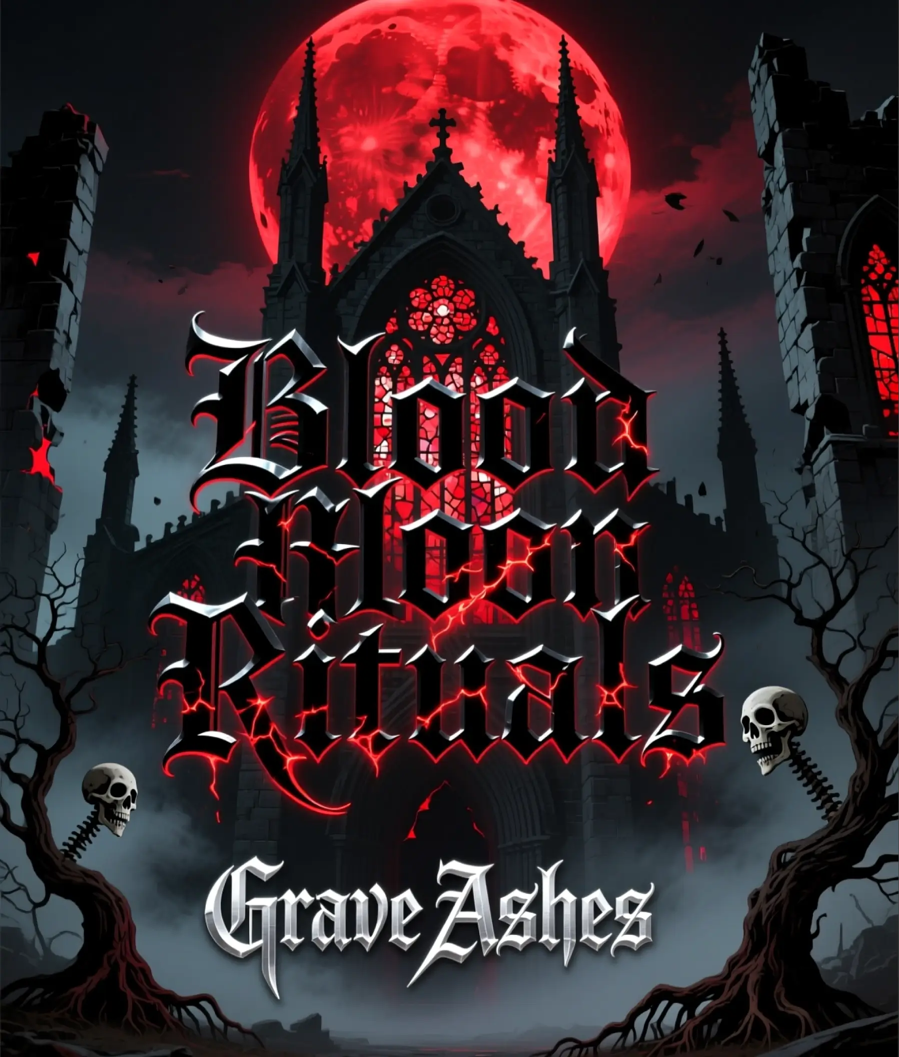 Dark gothic album cover Blood Moon Rituals with red moon, cathedral ruins, skulls, and dramatic lettering.