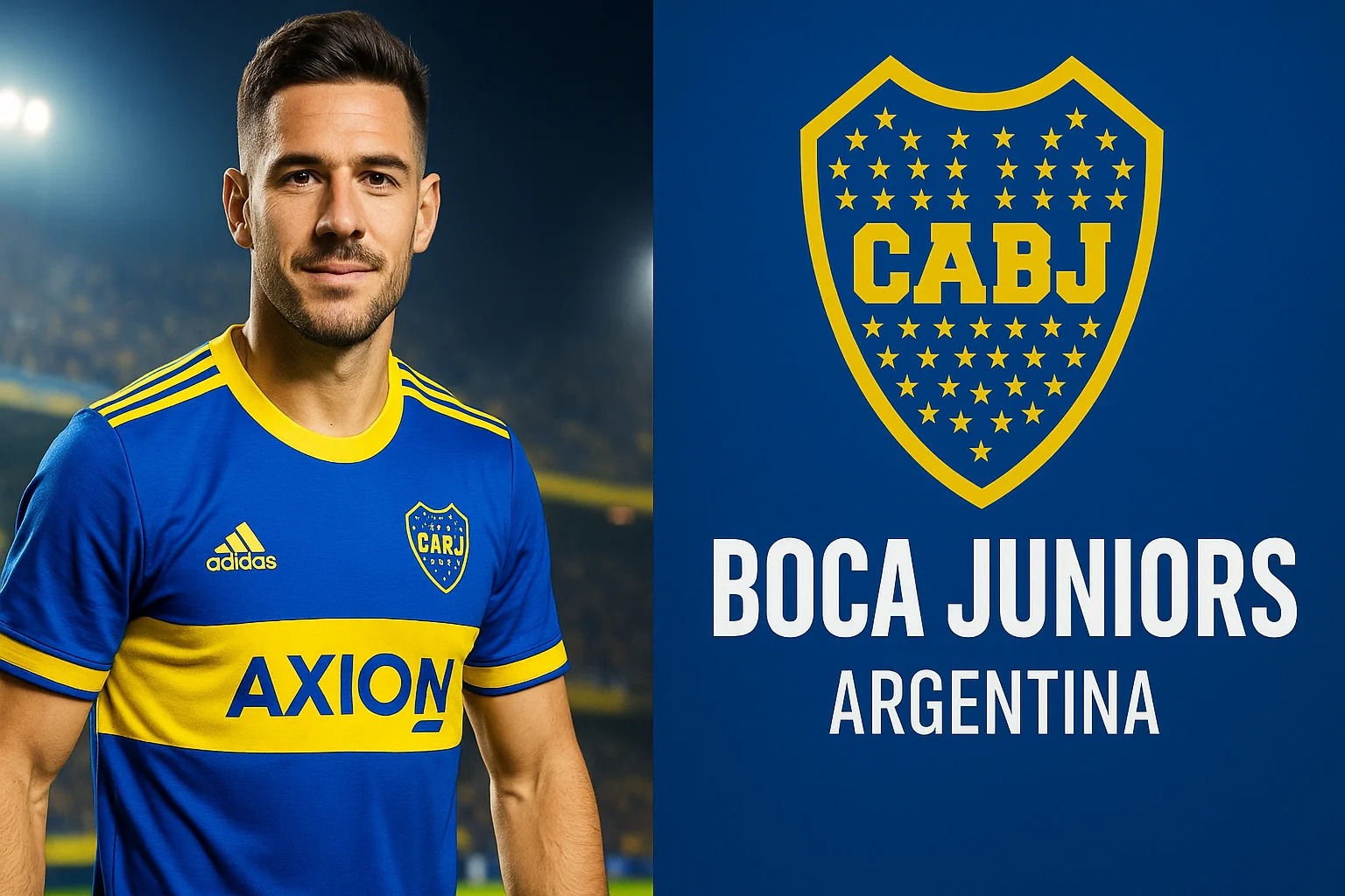 AI art of a Boca Juniors player in blue and yellow kit, with intense fan-filled background. Boca Juniors AI fan creation.