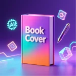 3D gradient book cover mockup with glowing AI icons and pen, highlighting modern digital book cover design.