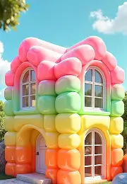 AI-generated fantasy house designed with colorful, bubble-like textures resembling candy or inflatable toys