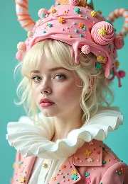 AI-generated whimsical portrait of a young woman dressed in a candy-themed costume with colorful pastel tones