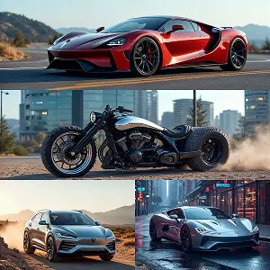 AI-generated cars and motorcycles including sports and luxury automotive concepts