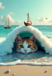 AI-generated cute cat emerging from ocean waves on a sandy beach with sailboats in the background