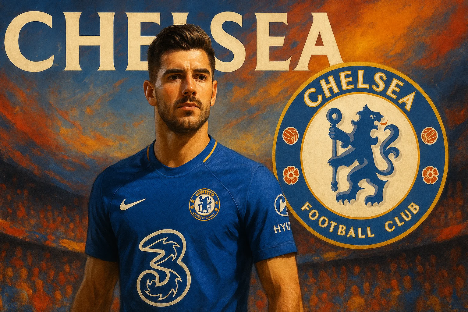Chelsea football player illustrated in AI fan art style, wearing a deep blue kit with a London stadium ambiance. Chelsea FC AI fan art.
