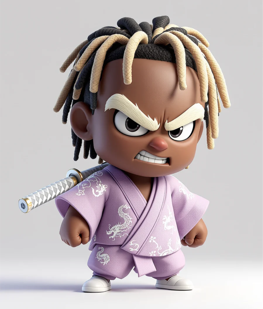 Chibi-style-Samurai-Mascot-with-dreadlocks-and-katana-in-lavender-robe-–-cute-3D-collectible-masco
