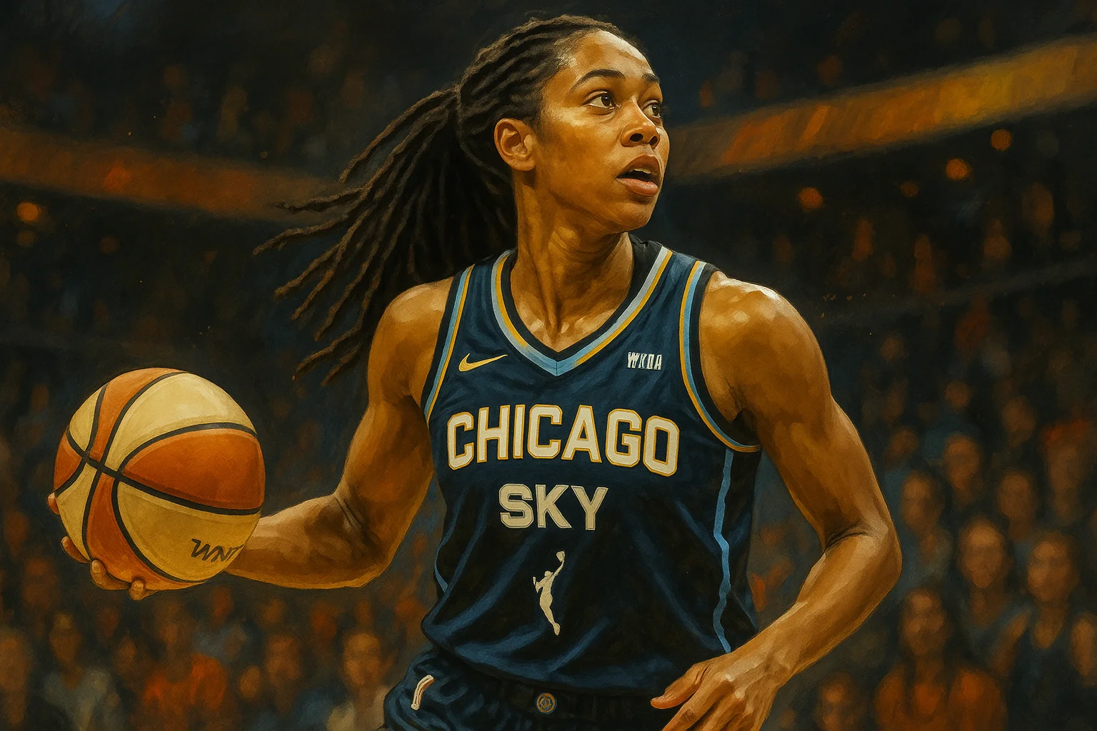 A semi-realistic digital portrait of a Chicago Sky player holding a basketball, wearing a navy jersey, with golden lighting in a crowded arena.
