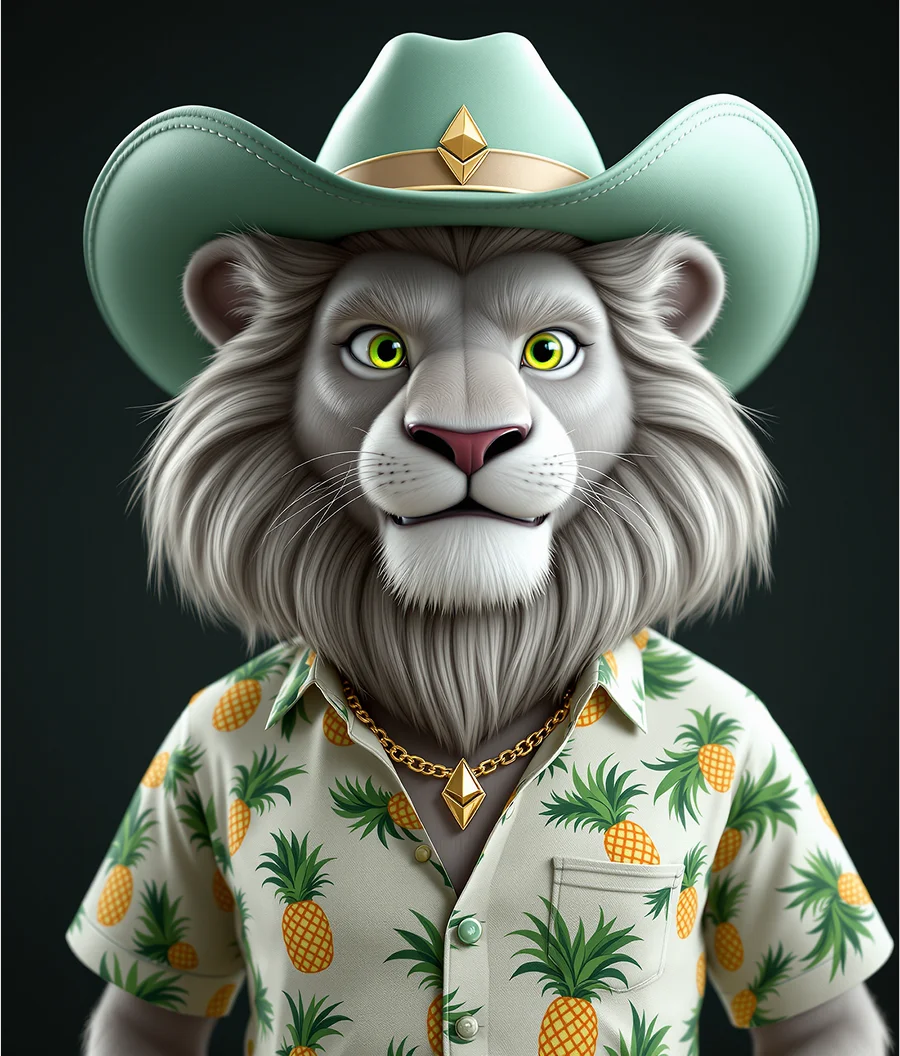 Chill-Lion-Mascot-in-Hawaiian-shirt-and-green-cowboy-hat-–-fun-3D-animal-NFT-mascot-character