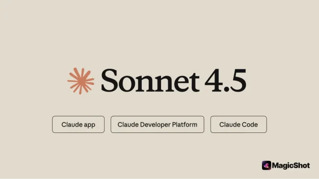 Claude Sonnet 4.5 logo with buttons for Claude app, Claude Developer Platform, and Claude Code on a beige background.