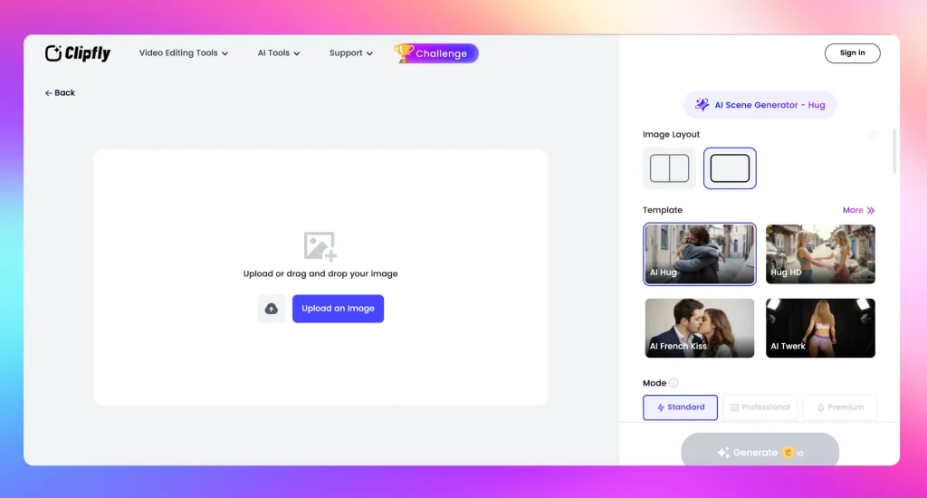 Clipify’s AI Scene Generator interface for hug videos, featuring drag-and-drop image upload, hug template selection, and layout options in a colorful gradient interface.