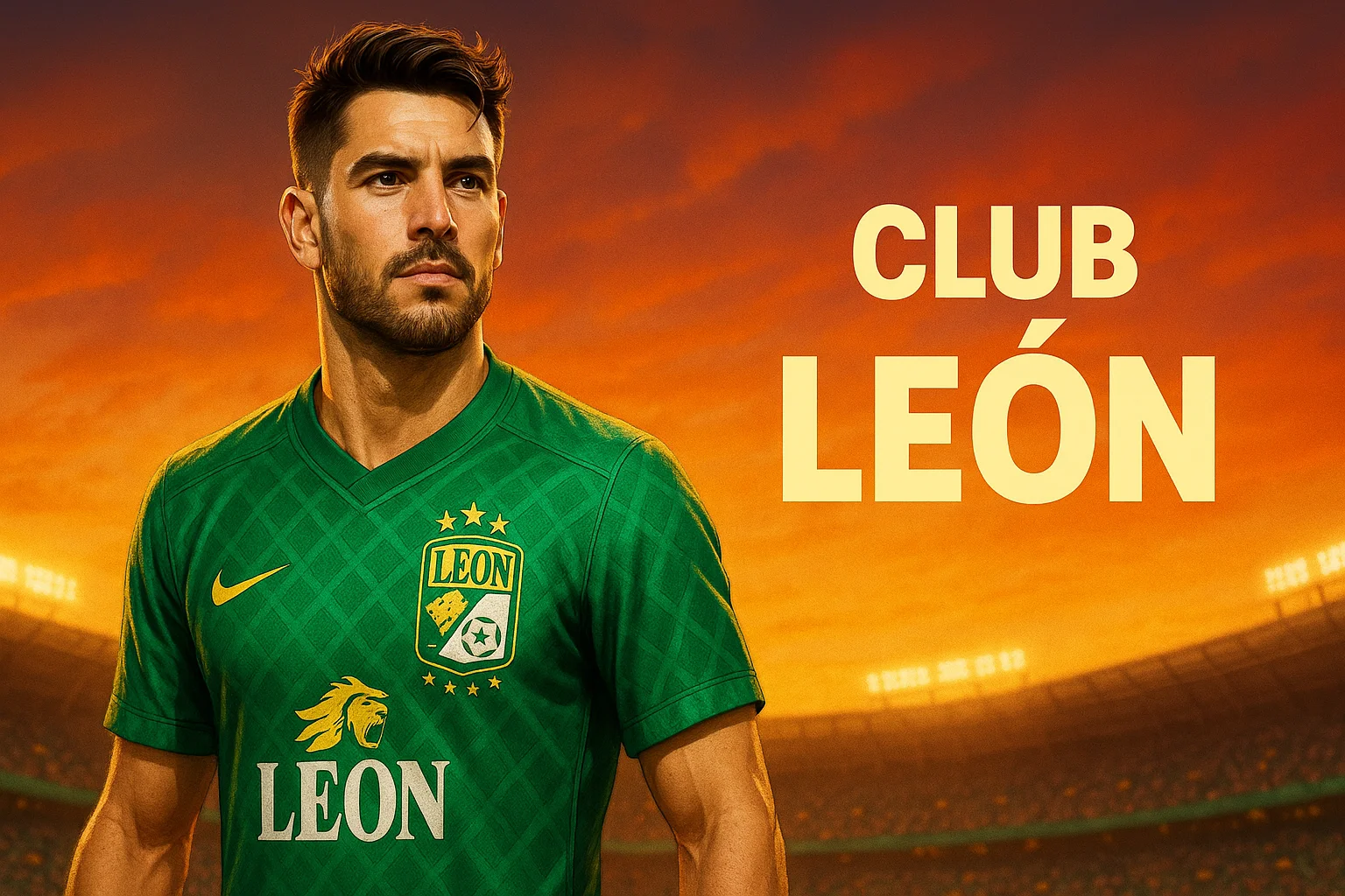 Club León AI art featuring a soccer player in green kit with golden sunset and stadium lights. Club León fan art with AI.