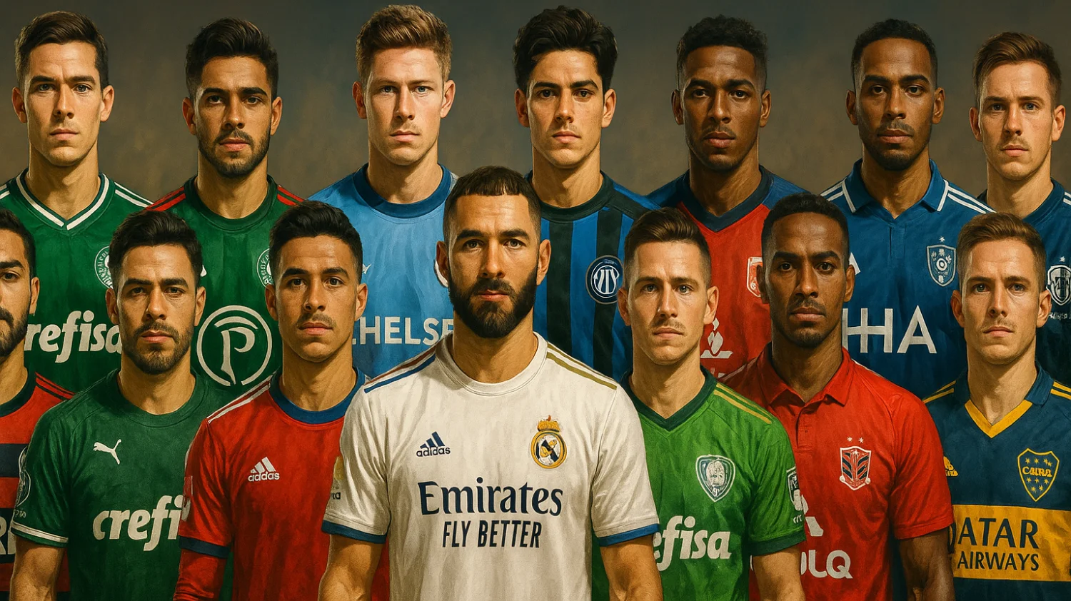 digital painting of sixteen professional male football players from different Club World Cup 2025 teams, each wearing their official club jersey, arranged in two rows against a glowing stadium background. This AI-generated image visually represents Club World Cup fan art across global football clubs.