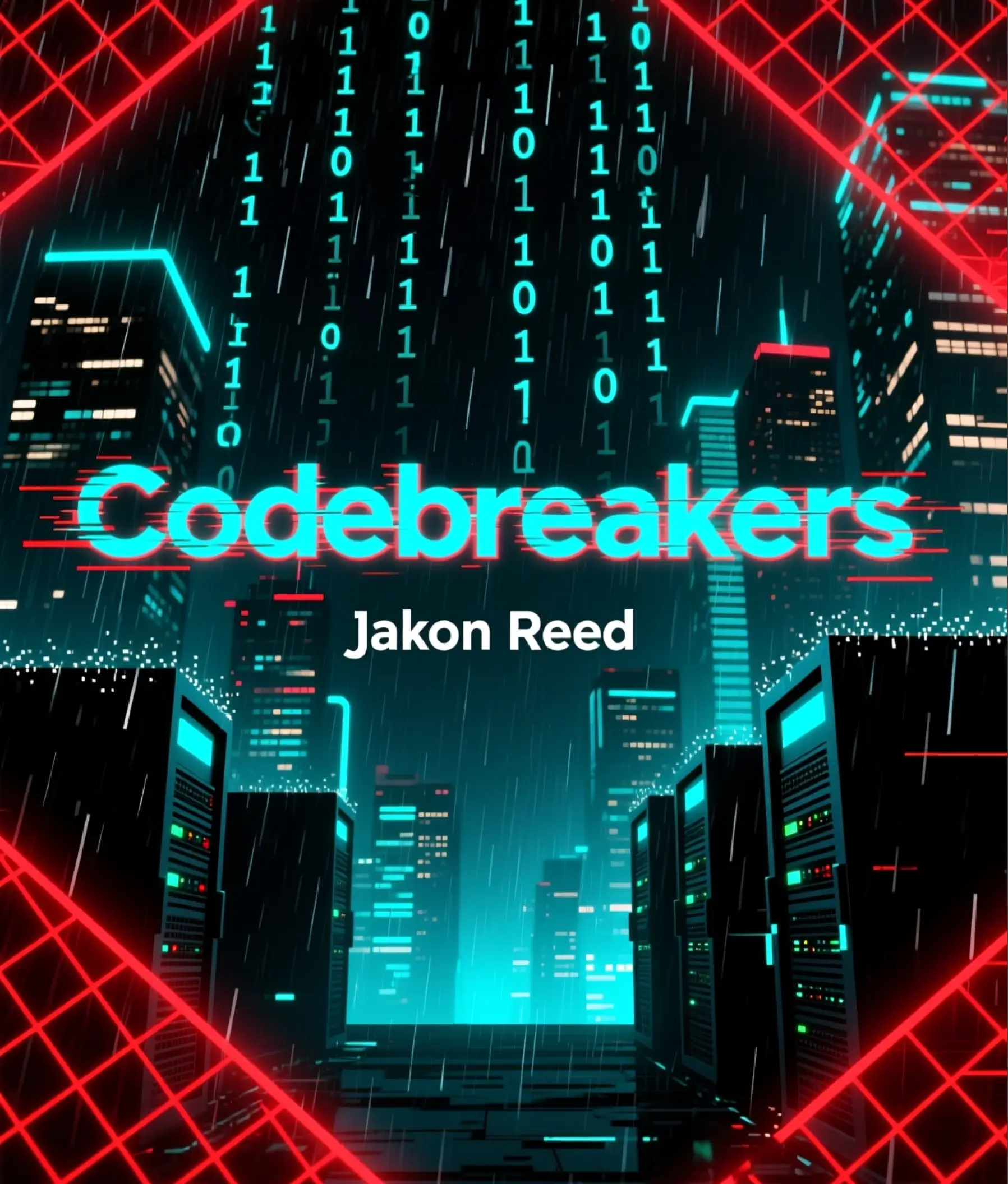 Cyberpunk book cover Codebreakers by Jaxon Reed with glowing neon lights, futuristic servers, and digital rain.
