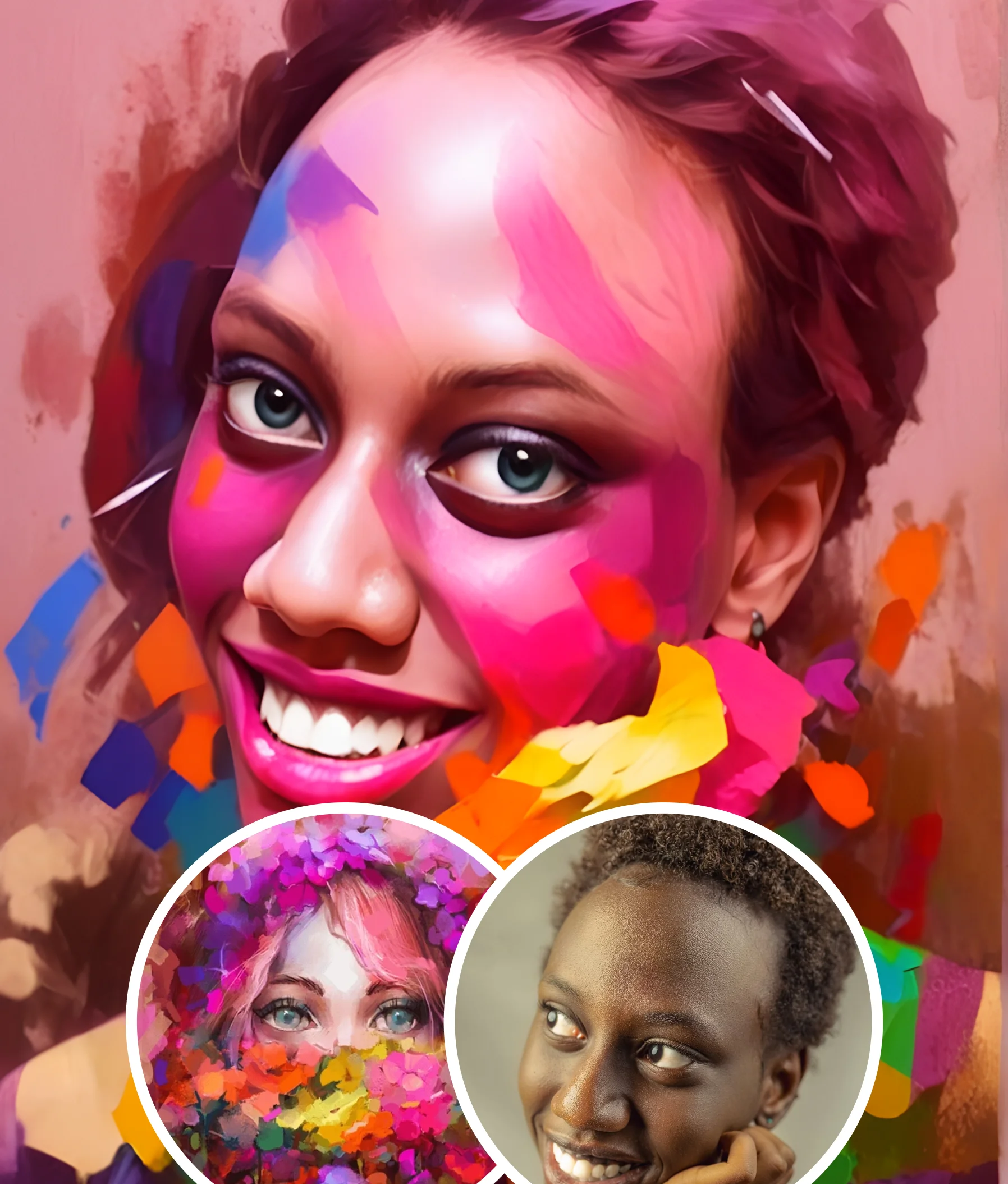 Woman’s face merged into colorful abstract splash art with AI face style generator.