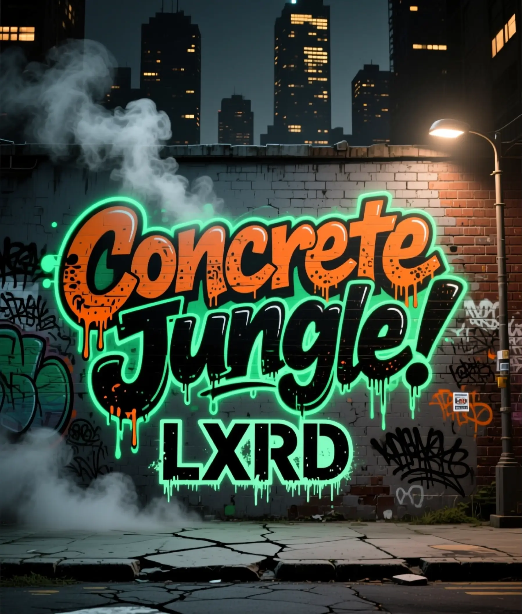 Graffiti-style album cover Concrete Jungle with neon green and orange lettering on a brick wall in city setting.