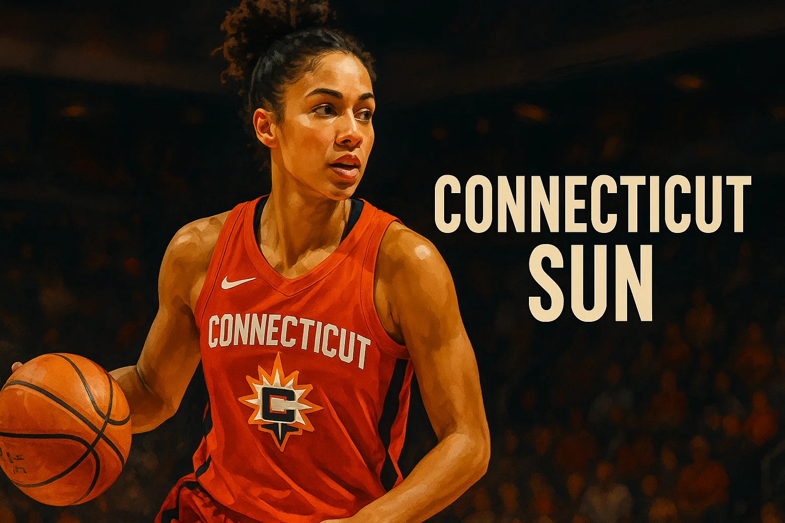 A Connecticut Sun player in motion, dribbling in a fiery arena setting, wearing an orange jersey with “Connecticut” text across the chest.