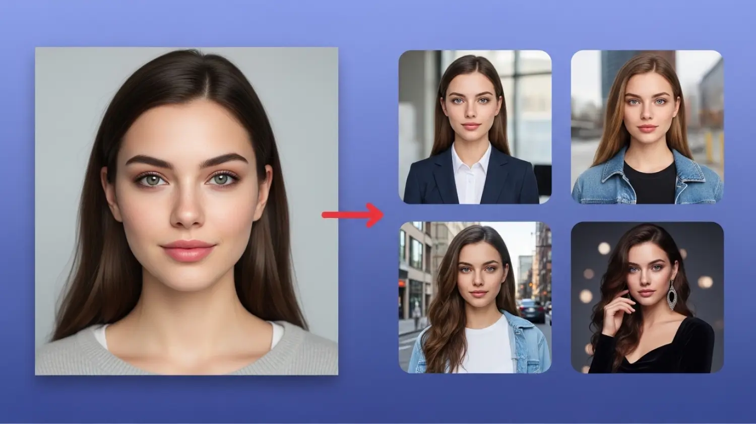 Consistent AI-generated character variations of the same woman in different styles including professional headshot, casual streetwear, and glamorous evening look, created using MagicShot's AI Avatar tool.