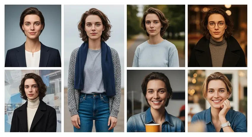 Examples of consistent characters generated using AI, showing the same person in different outfits, poses, and settings while maintaining facial identity — ideal for AI Avatar creation.