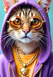 AI-generated urban-style cat wearing a purple hoodie, gold chains, and orange sunglasses in a vibrant streetwear look