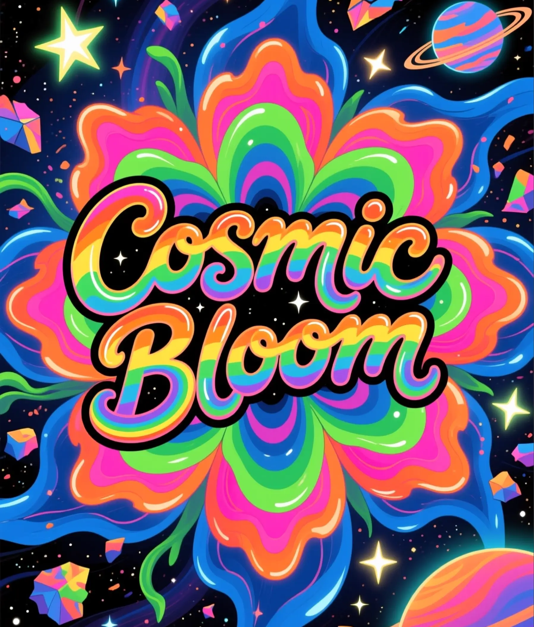 Psychedelic album cover Cosmic Bloom with rainbow colors, cosmic shapes, and galaxy-inspired artwork.