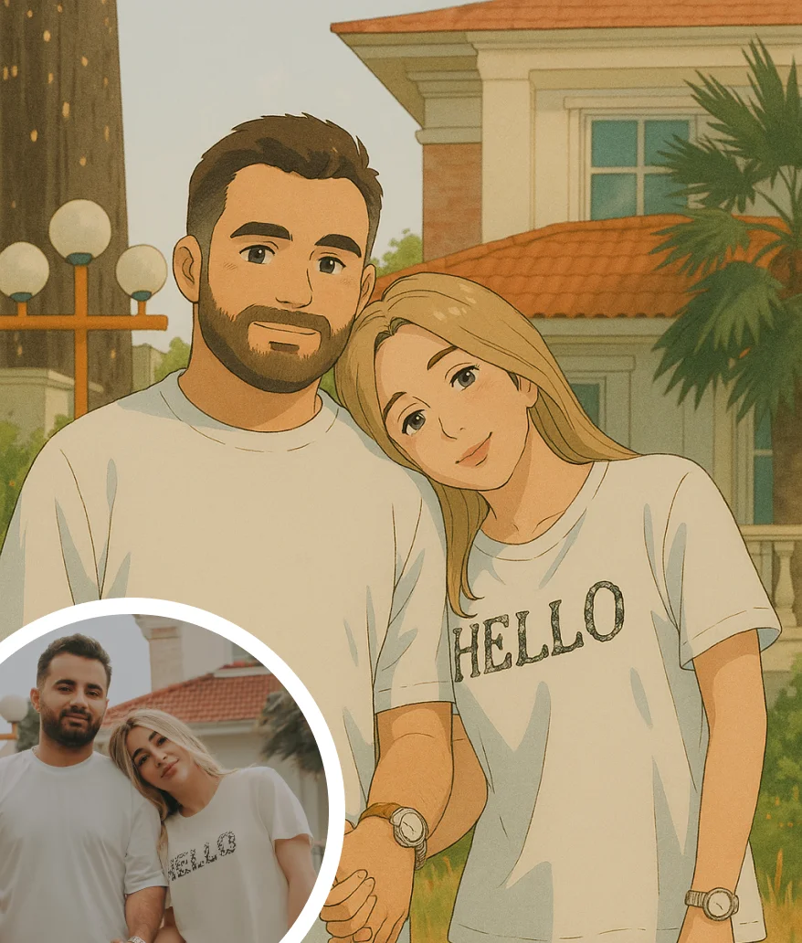 Hand-drawn anime-style illustration of a smiling couple holding hands outside a modern suburban house, surrounded by warm light and lush greenery in a peaceful neighborhood setting.