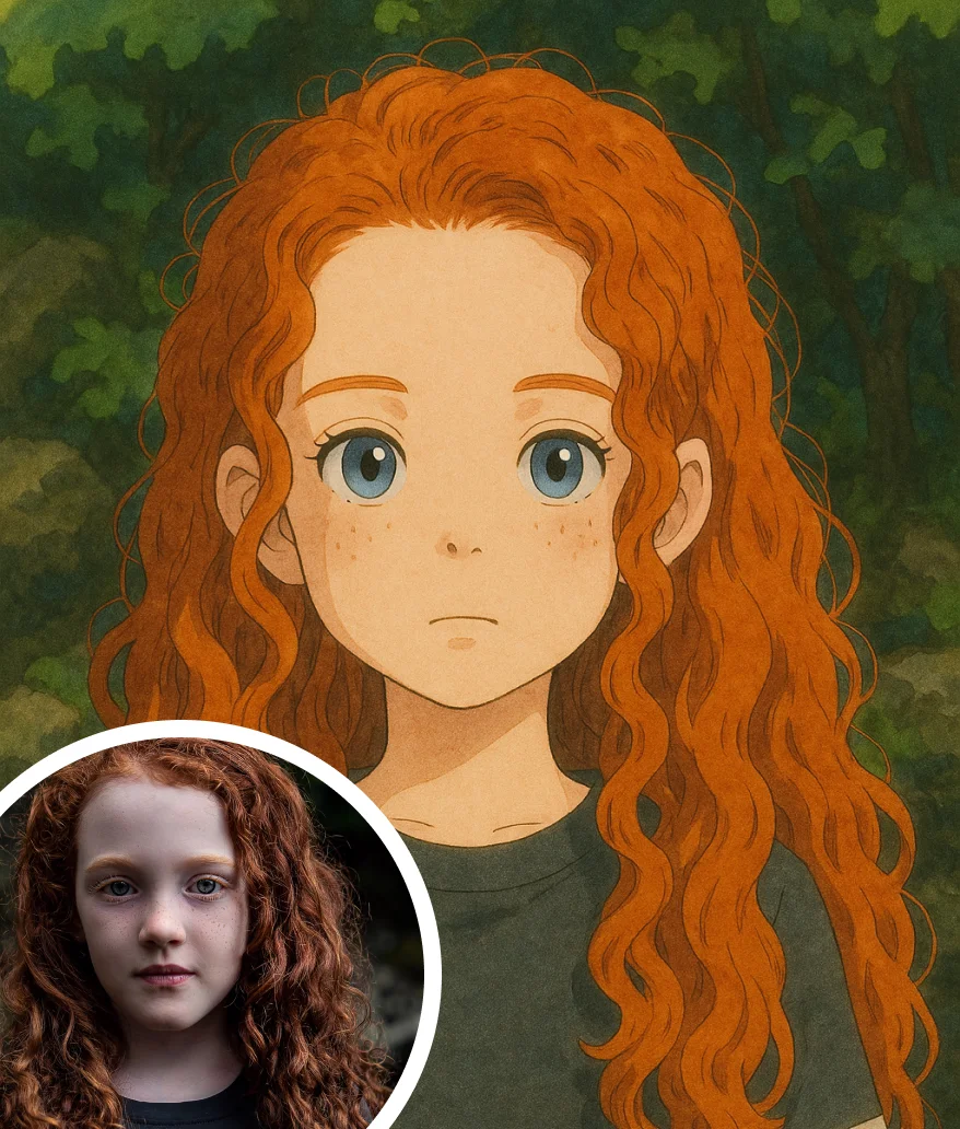 Anime-style portrait of a red-haired girl with curly hair and freckled skin, standing calmly in a lush green forest, drawn in the gentle watercolor aesthetic of Studio Ghibli.