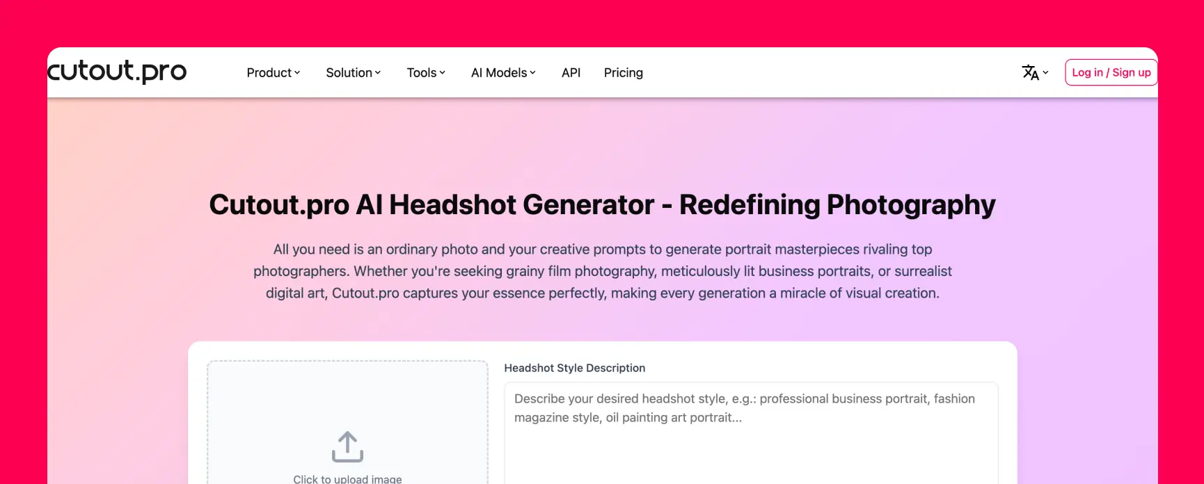 Cutout.pro AI headshot generator interface displaying portrait generation description, creative style options, and upload area for creating AI headshots.